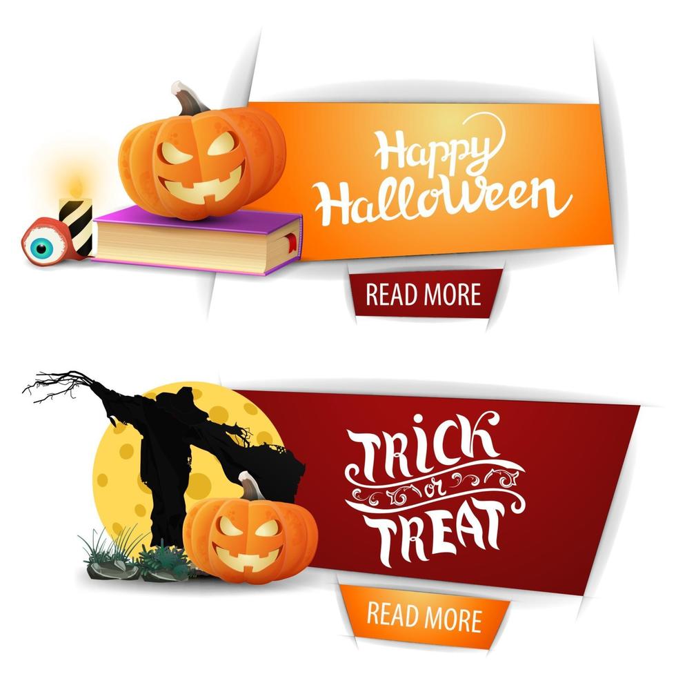 Happy Halloween, two modern banners with button, spell book, Scarecrow and pumpkin Jack vector