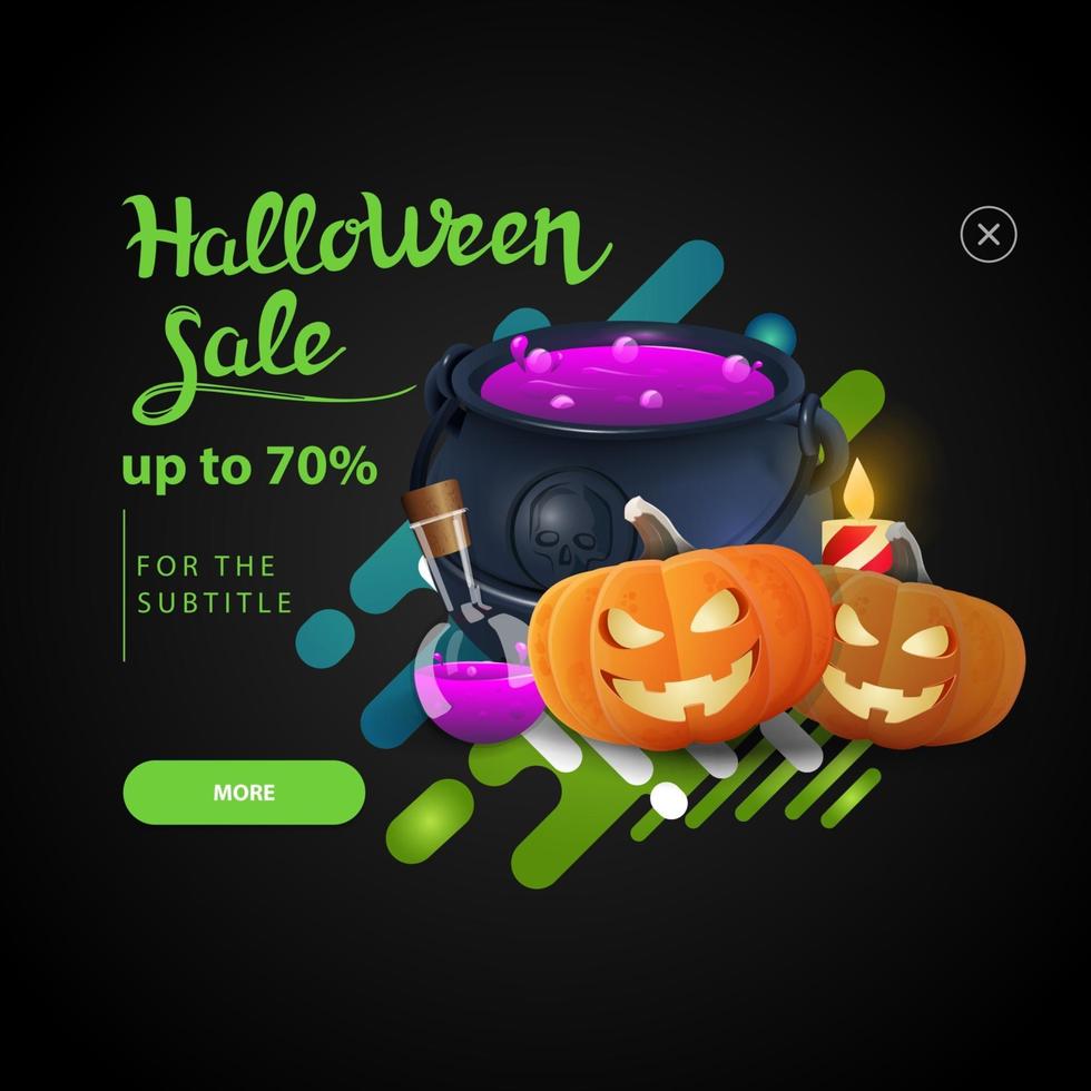 venta de halloween, ventana emergente para el sitio web con la olla de la bruja y el gato de calabaza vector