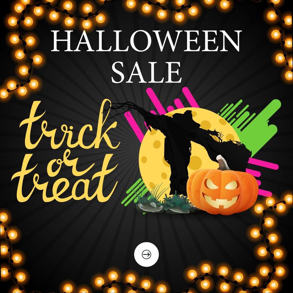 Halloween sale, pop up window for website with Scarecrow and pumpkin Jack against the moon vector