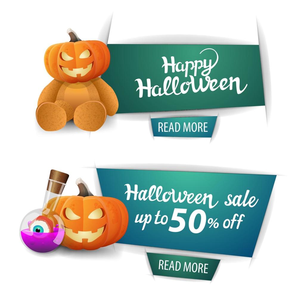 venta de halloween, dos pancartas modernas con botón, osito de peluche con cabeza de calabaza, gato de calabaza y poción de bruja vector