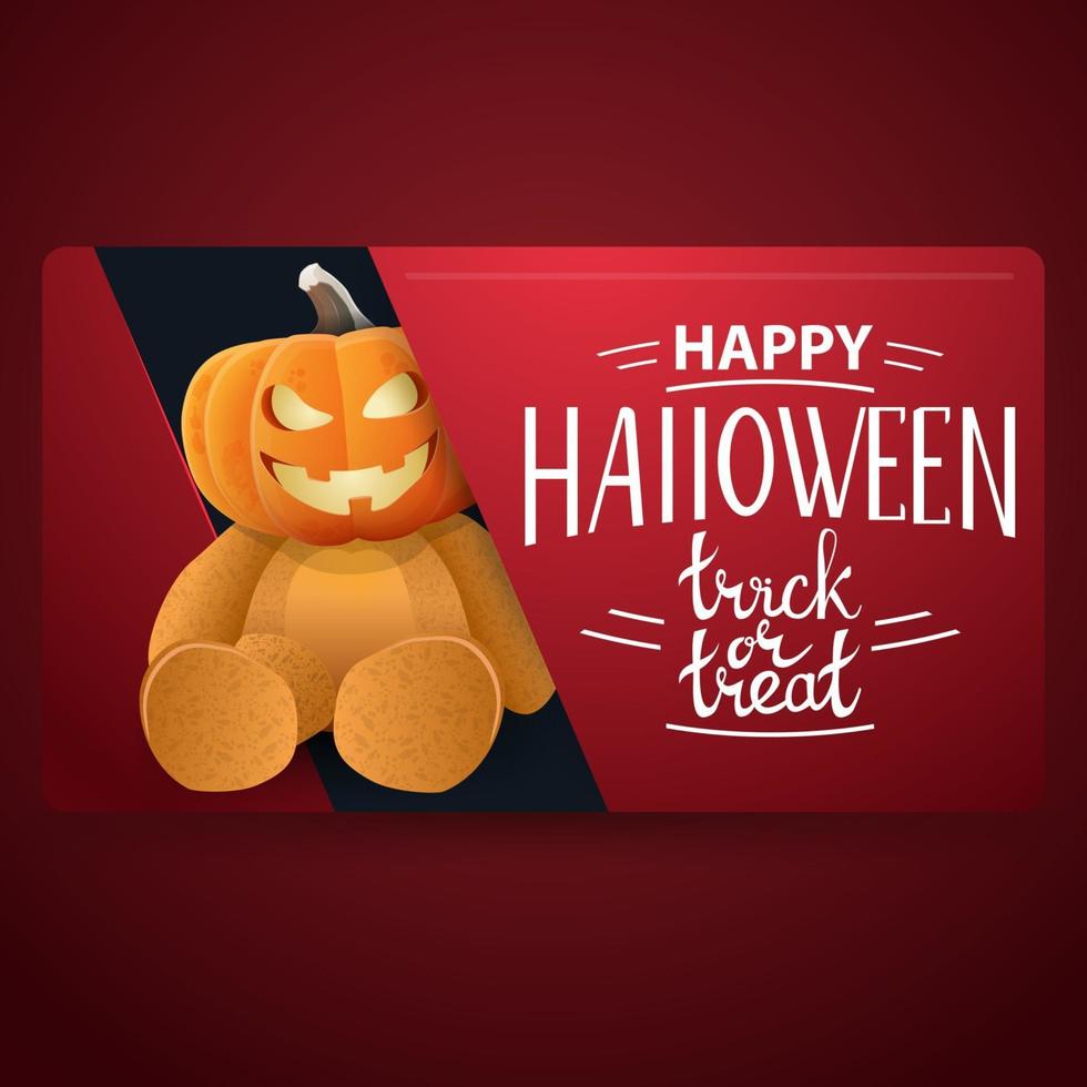 feliz halloween, pancarta roja moderna con osito de peluche con cabeza de calabaza jack vector