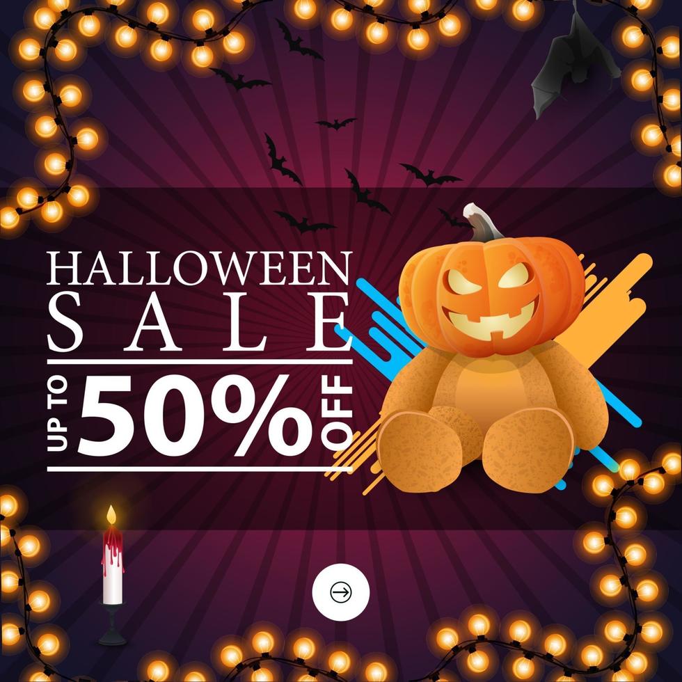 Halloween sale, pop up window for website with Teddy bear with Jack pumpkin head vector