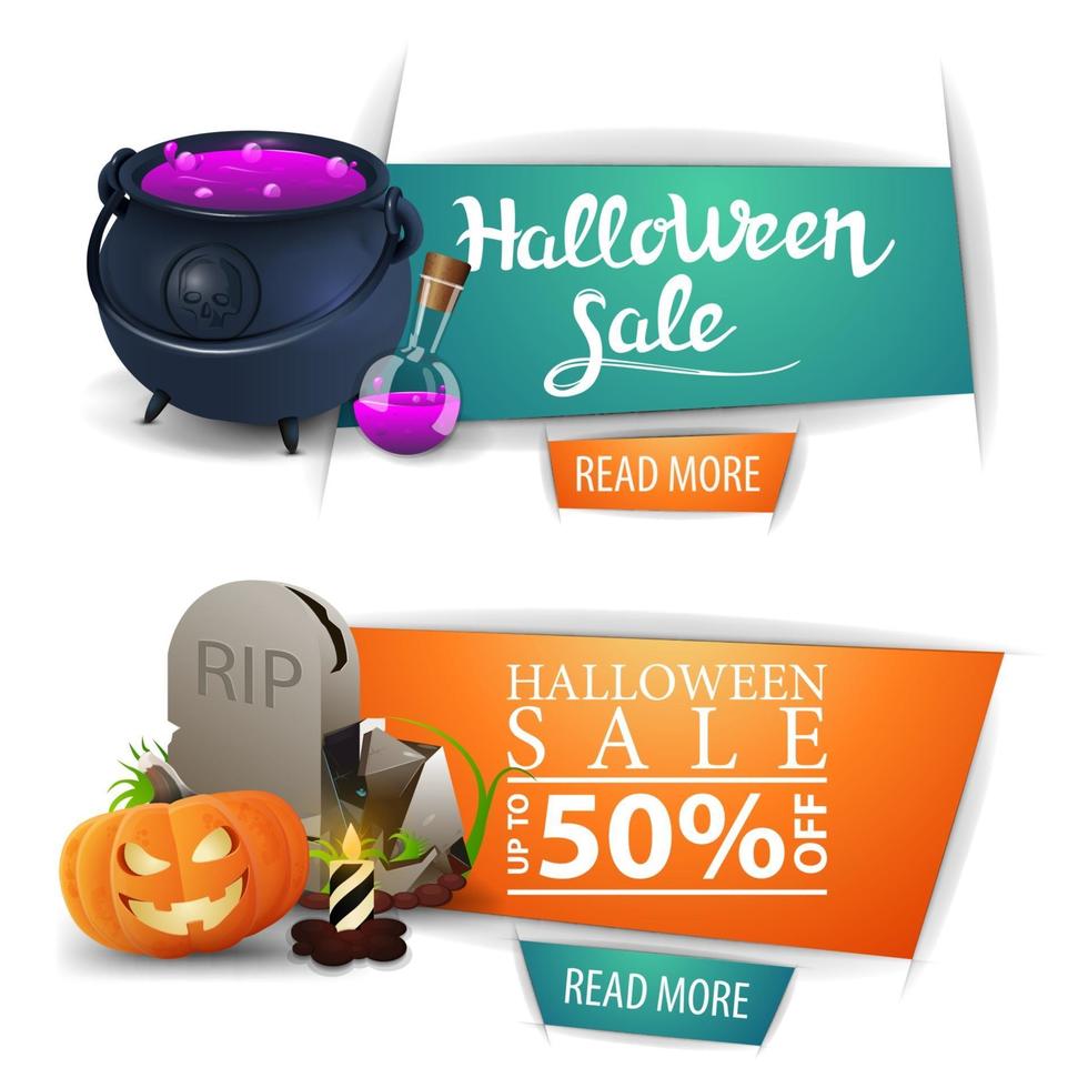 venta de halloween, dos pancartas modernas con botón, olla de bruja con poción, lápida y calabaza vector