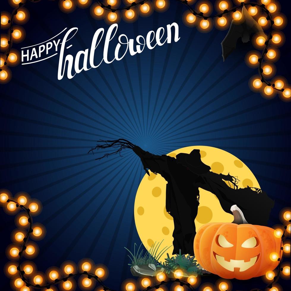 feliz halloween, plantilla cuadrada azul con guirnalda, espantapájaros y calabaza jack contra la luna vector