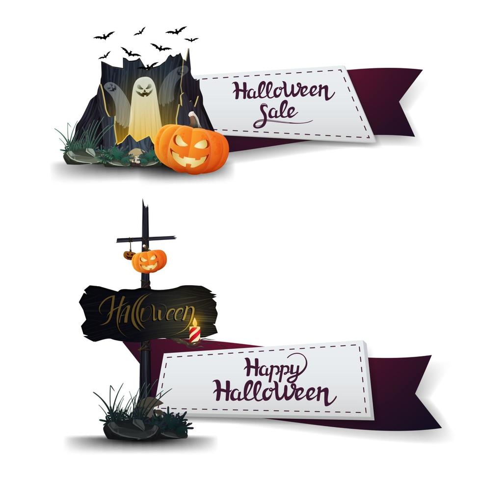 venta de halloween, dos pancartas de descuento en forma de cintas con portal con fantasmas y calabaza vector