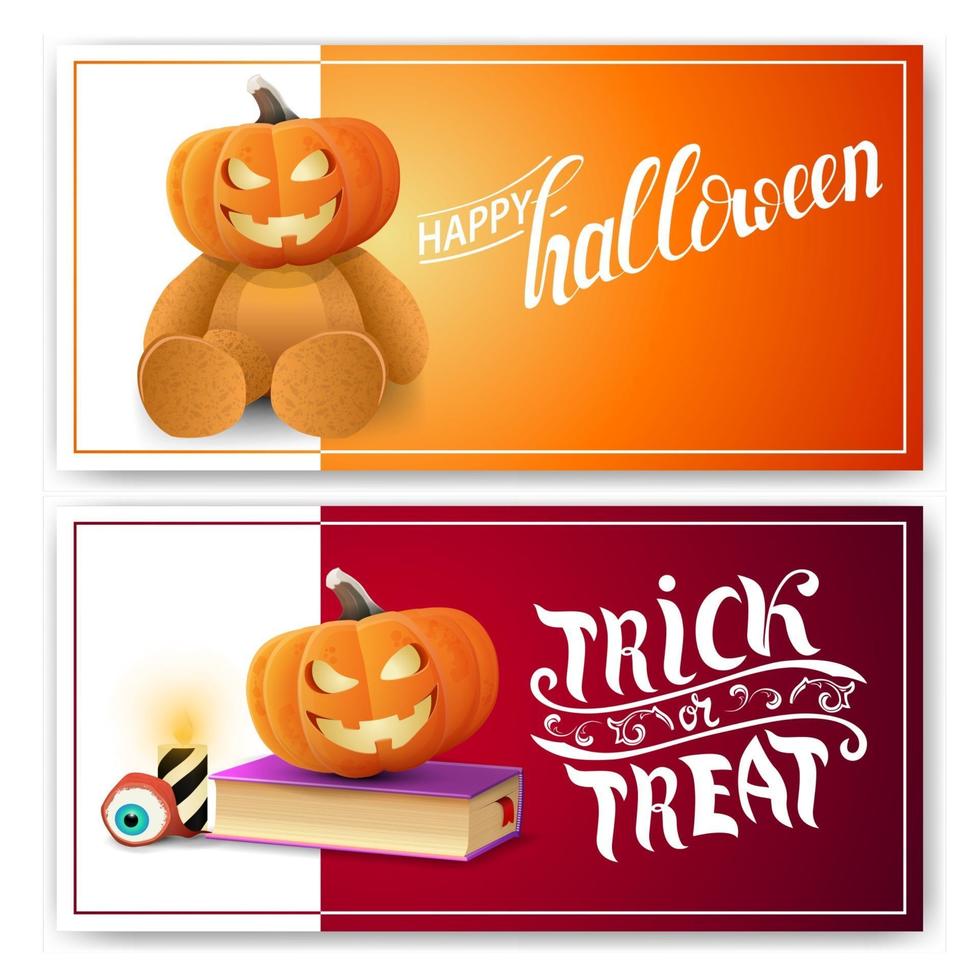 Happy Halloween, trick or treat, two postcards with Teddy bear with Jack pumpkin head, spell book and pumpkin Jack vector