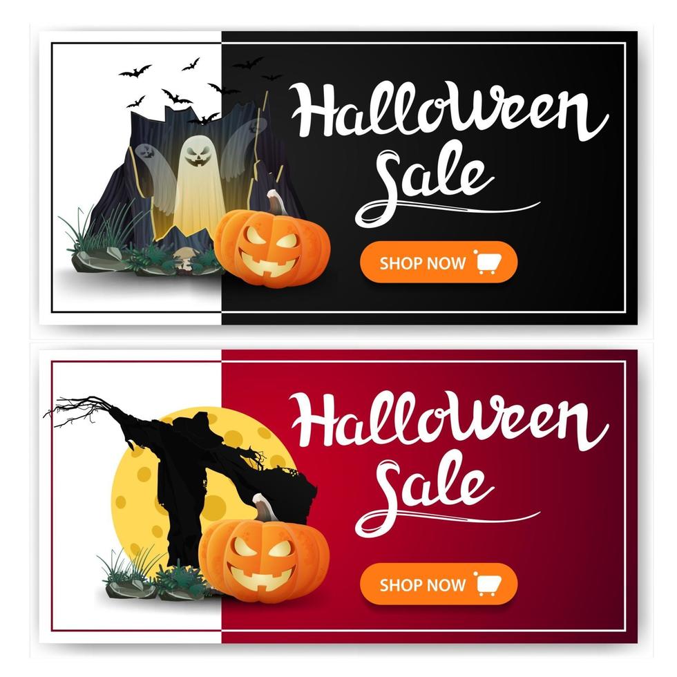 venta de halloween, dos pancartas de descuento con portal con fantasmas, espantapájaros y calabaza contra la luna vector