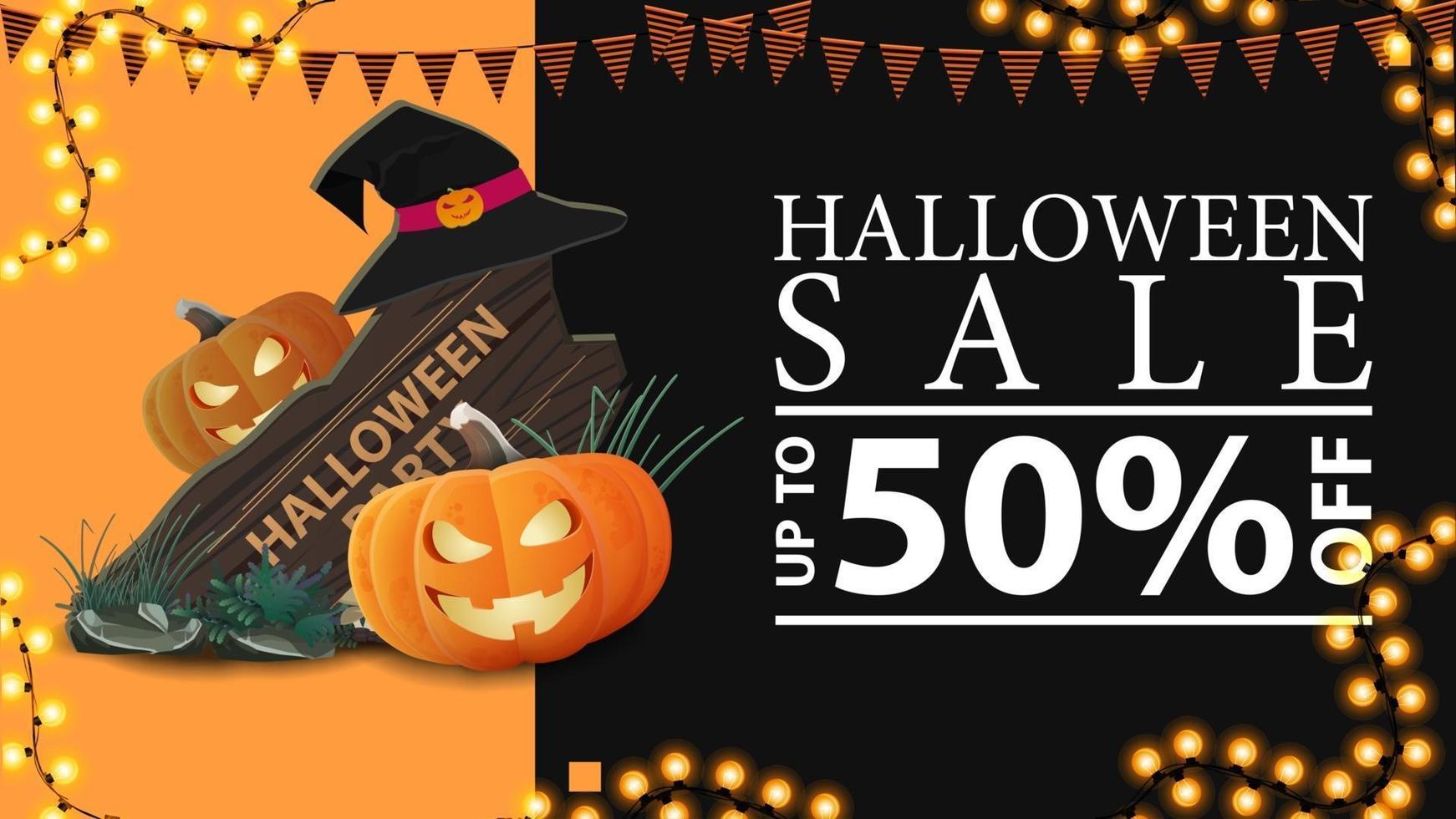 venta de halloween, banner de descuento oscuro horizontal con letrero de madera, sombrero de bruja y gato de calabaza vector