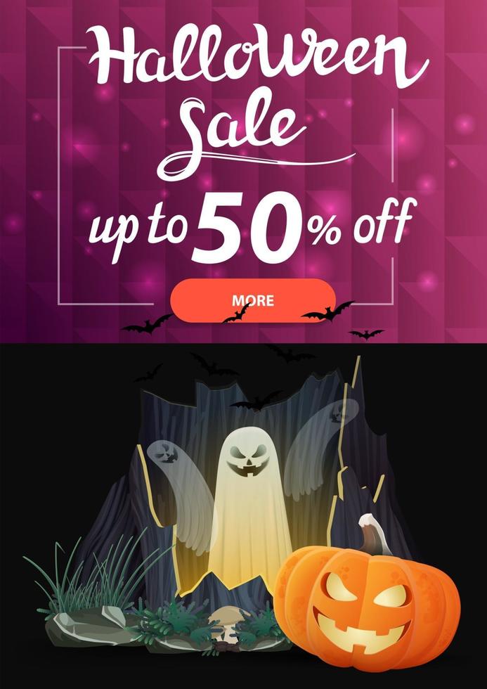 Halloween sale, vertical dark discount banner with portal with ghosts and pumpkin Jack vector