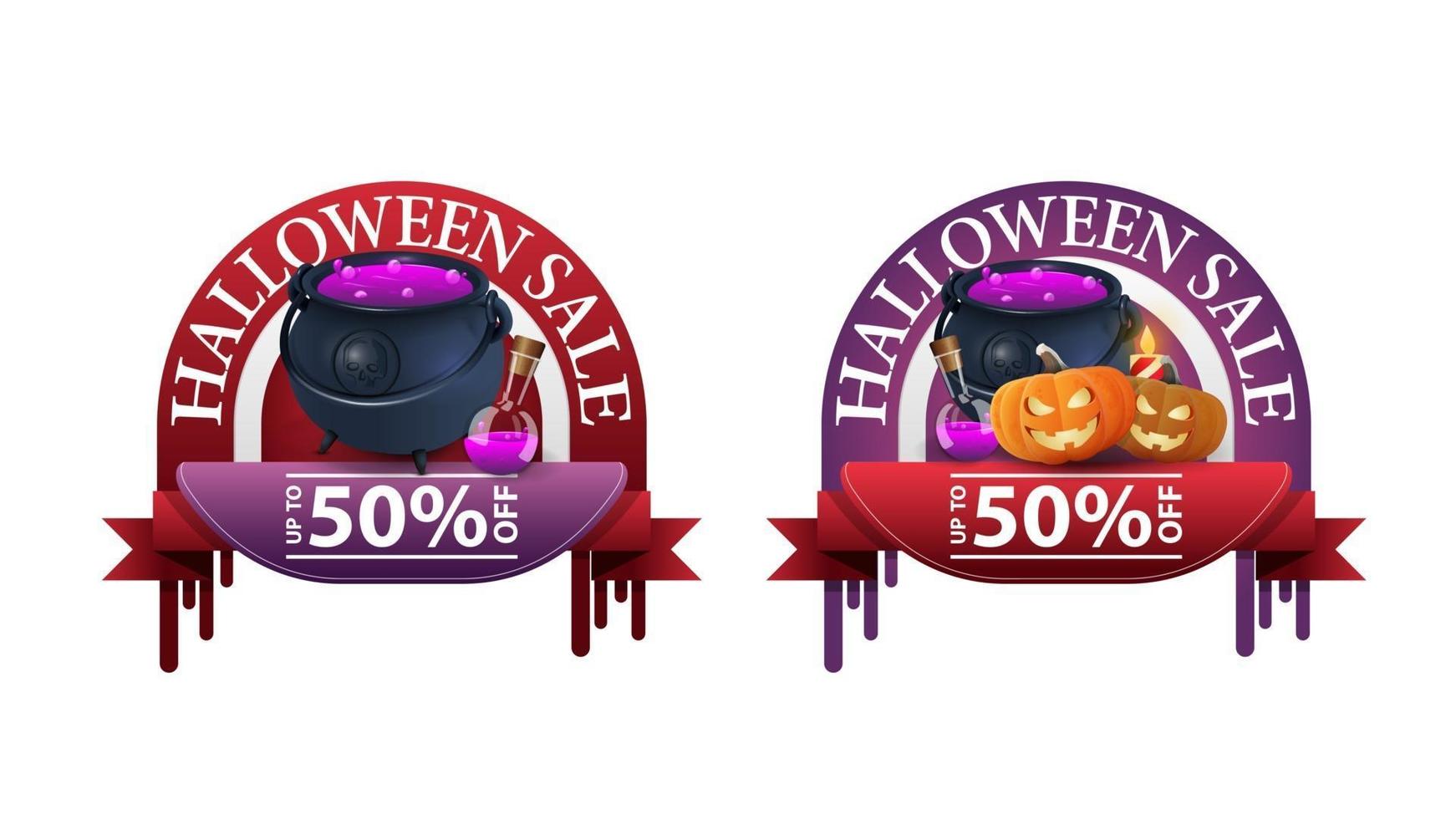 venta de halloween, -50 de descuento, dos pancartas redondas de descuento con olla de bruja y calabaza vector