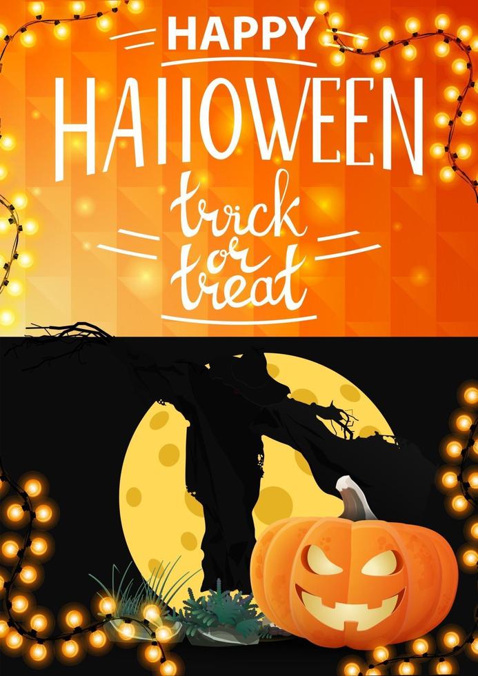 feliz halloween, tarjeta vertical oscura con espantapájaros y calabaza jack contra la luna vector