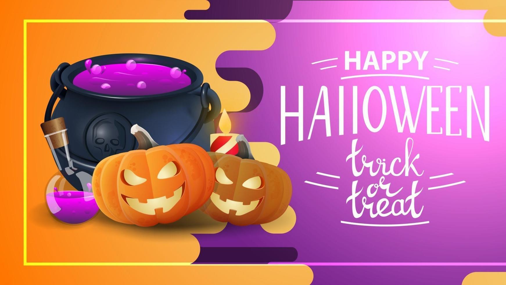 Happy Halloween, trick or treat, horizontal greeting postcard with witch's pot and pumpkin Jack vector