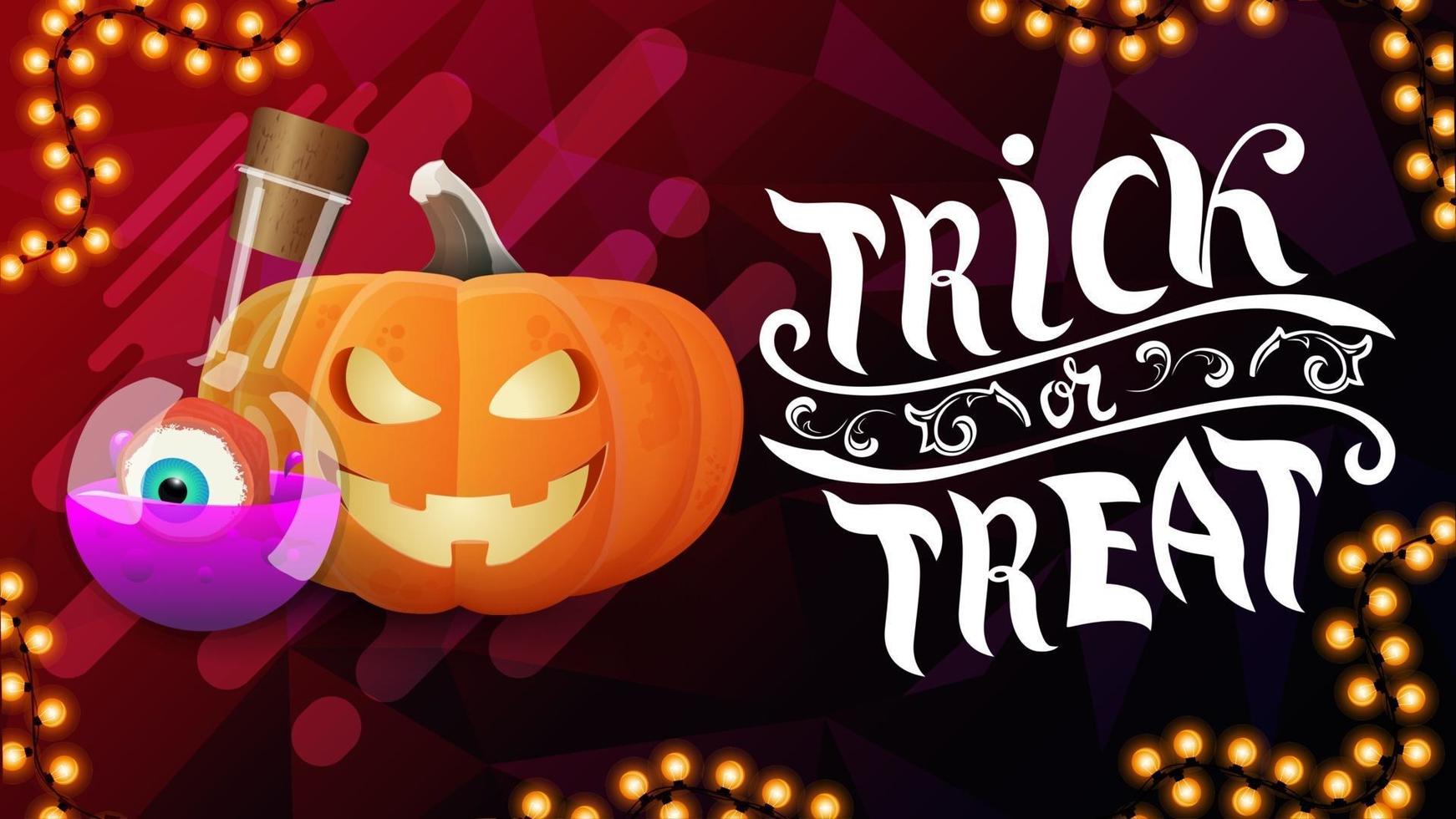 Trick or treat, horizontal pink postcard with pumpkin Jack and witch's potion vector