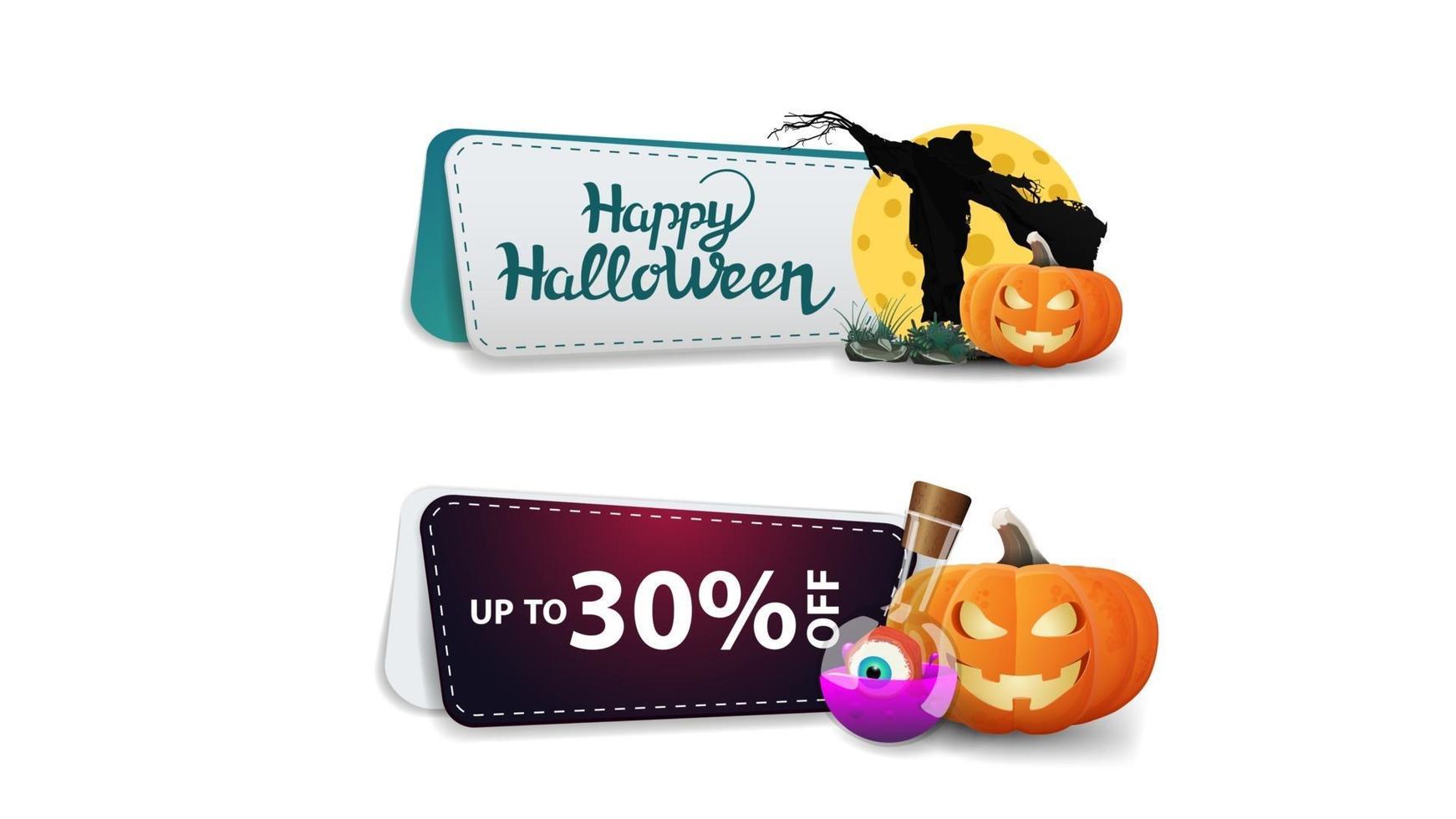 Halloween sale, up to 30 off, two clickable discount banner with Scarecrow and pumpkin Jack vector