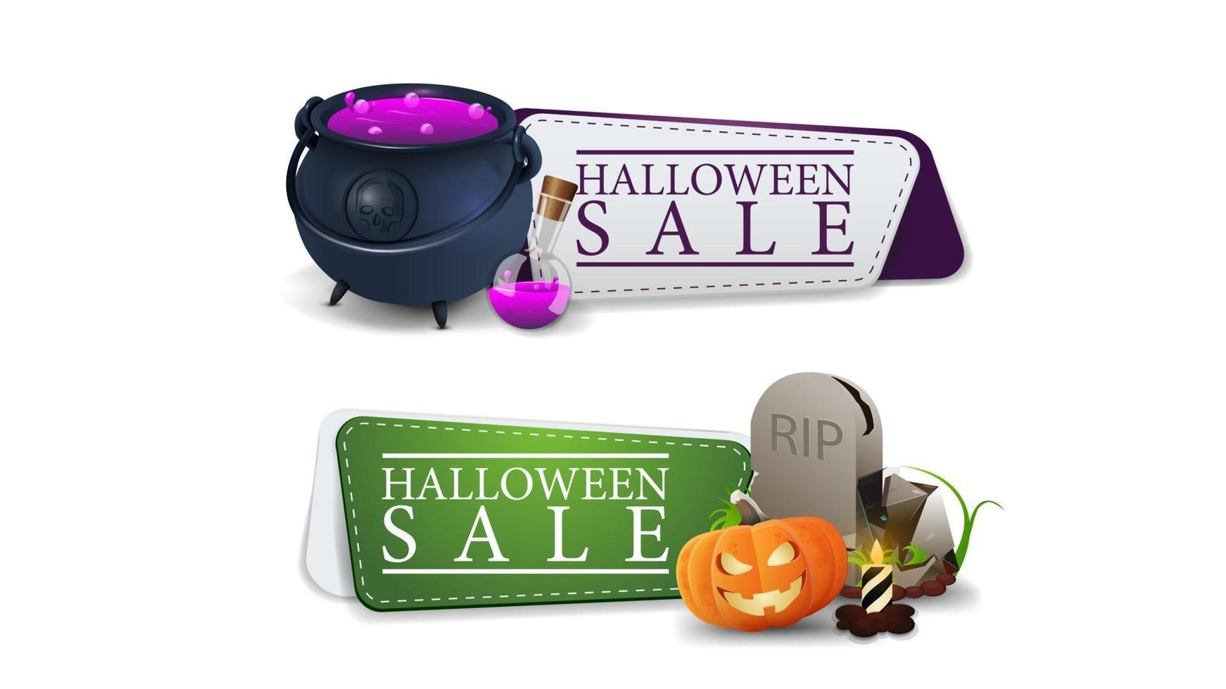 Halloween sale, two clickable discount banner with potion, tombstone and pumpkin Jack vector