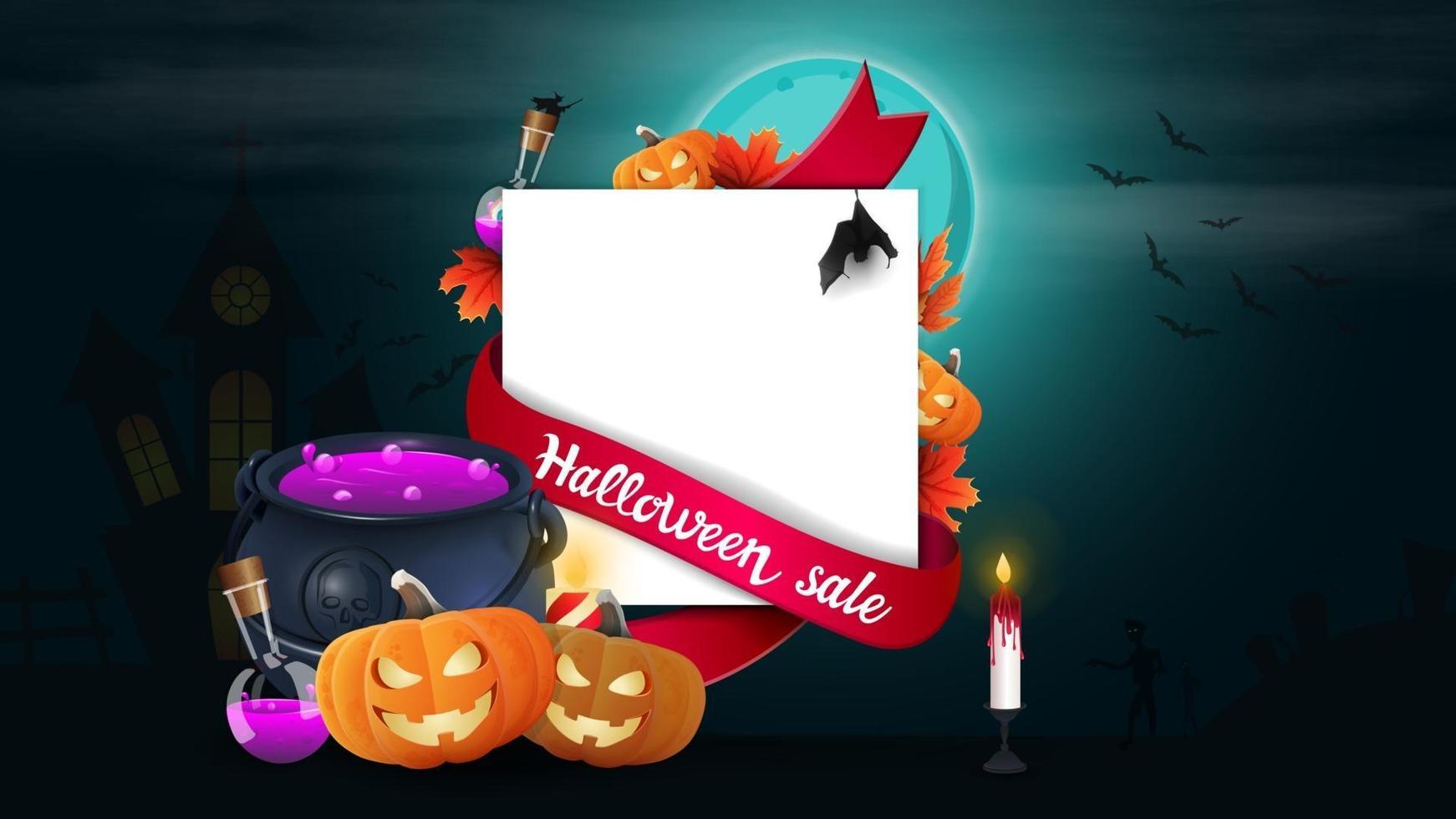 Halloween sale, template for discount banner in the form of a sheet of paper with Halloween decor, witch's pot and pumpkin Jack vector