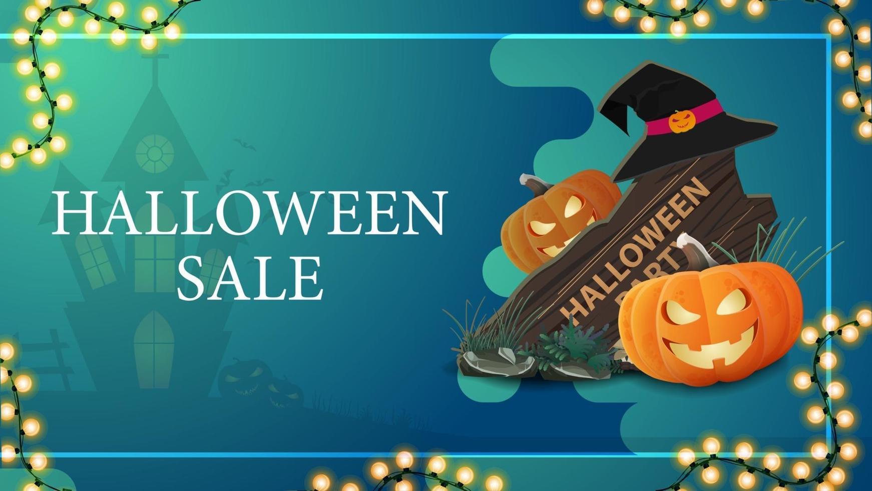 venta de halloween, banner de descuento horizontal azul con lugar para el texto, letrero de madera, sombrero de bruja y gato de calabaza vector