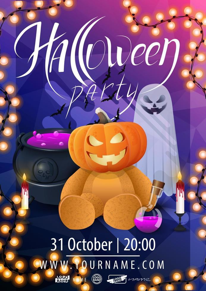 fiesta de halloween, hermoso diseño de póster moderno listo para imprimir con olla de bruja, calabaza, fantasmas y oso de peluche con cabeza de calabaza vector