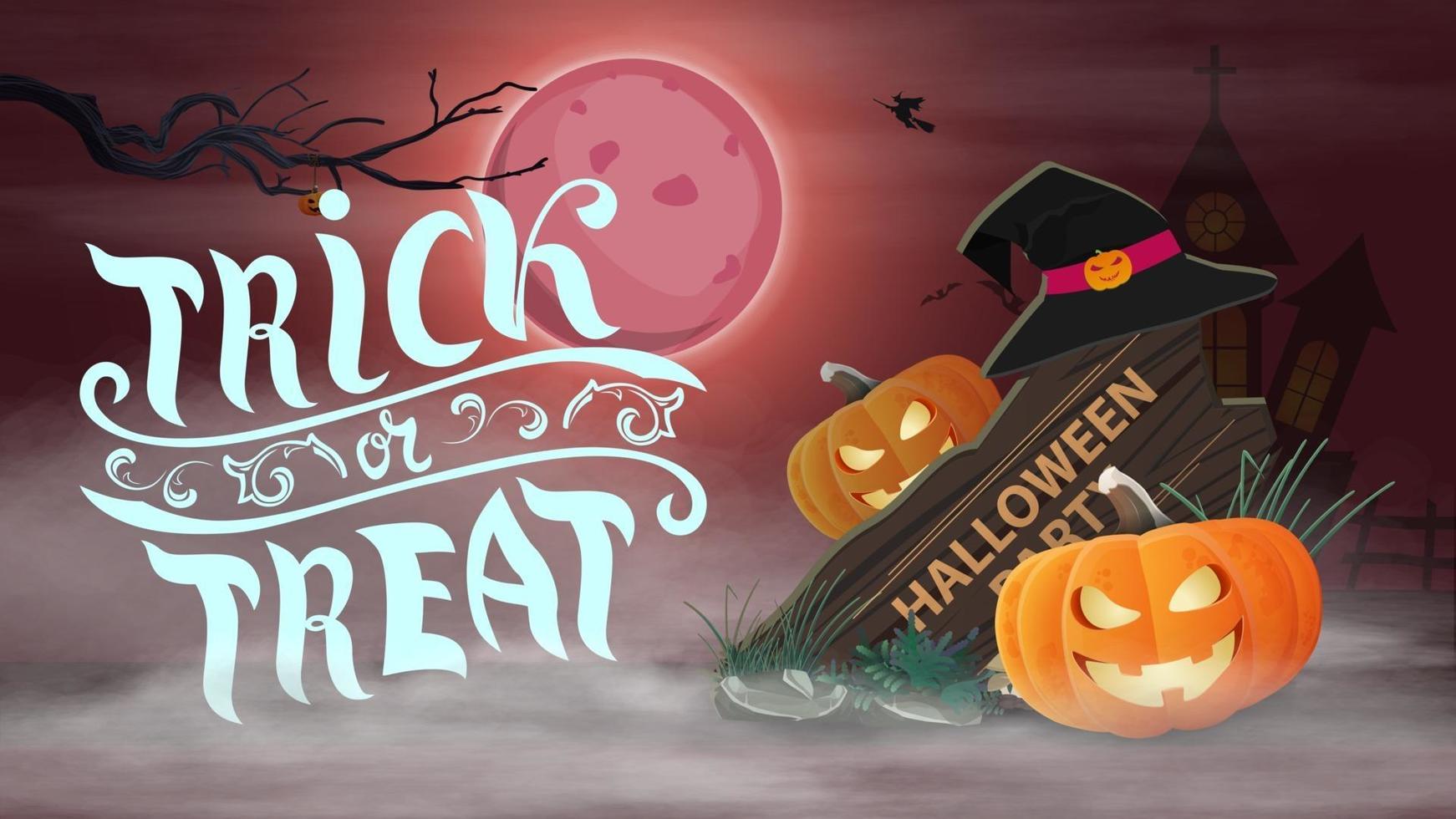 Trick or treat, horizontal postcard with night red landscape, wooden sign, witch hat and pumpkin Jack vector