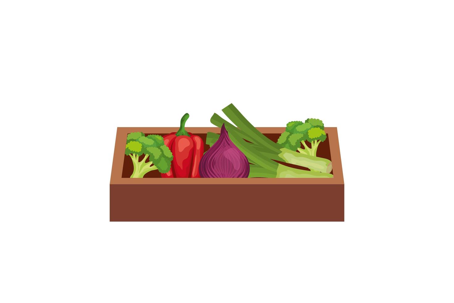 Vegetales saludables en caja de madera icono aislado vector