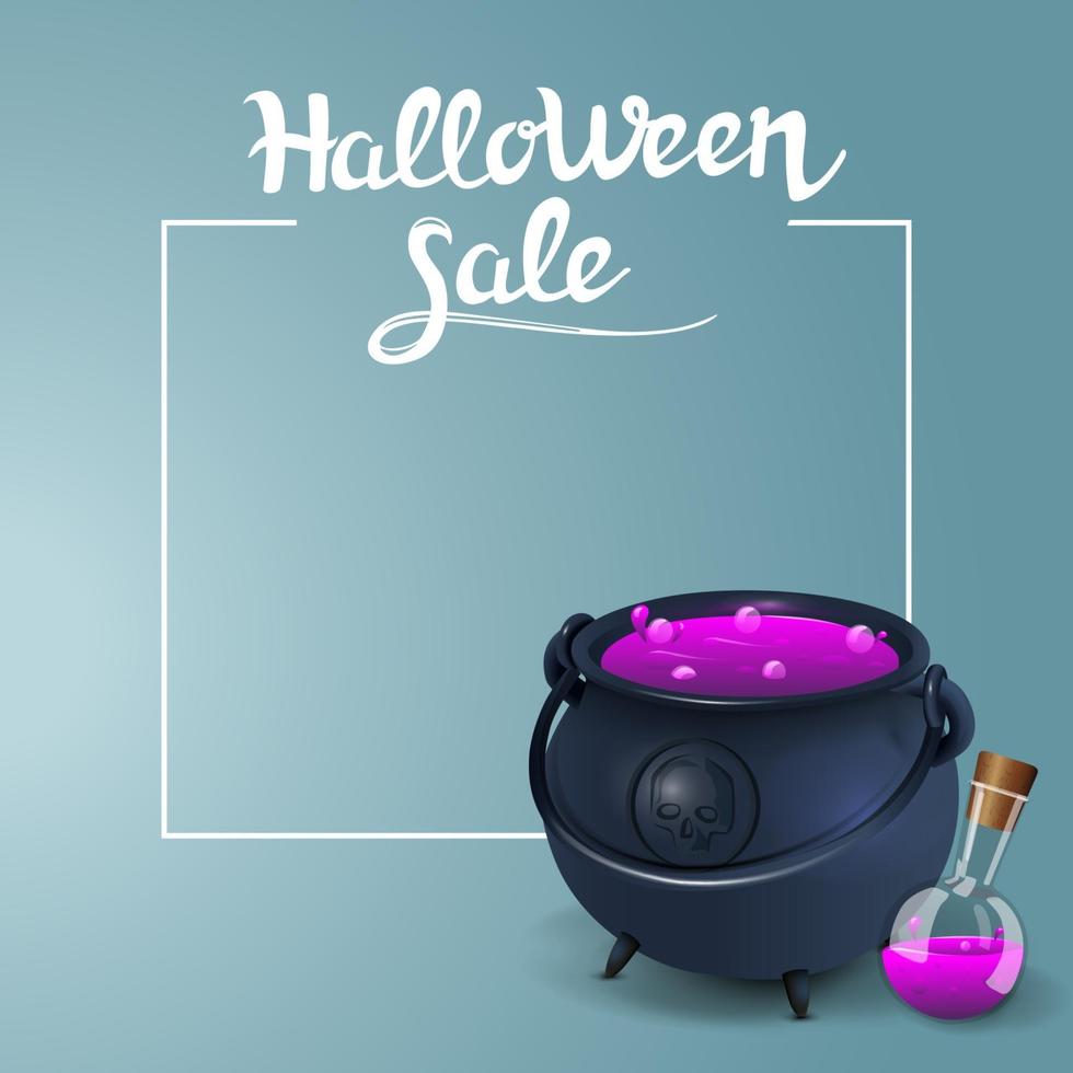 Halloween sale, square discount banners with place for your text, witch's pot with potion vector