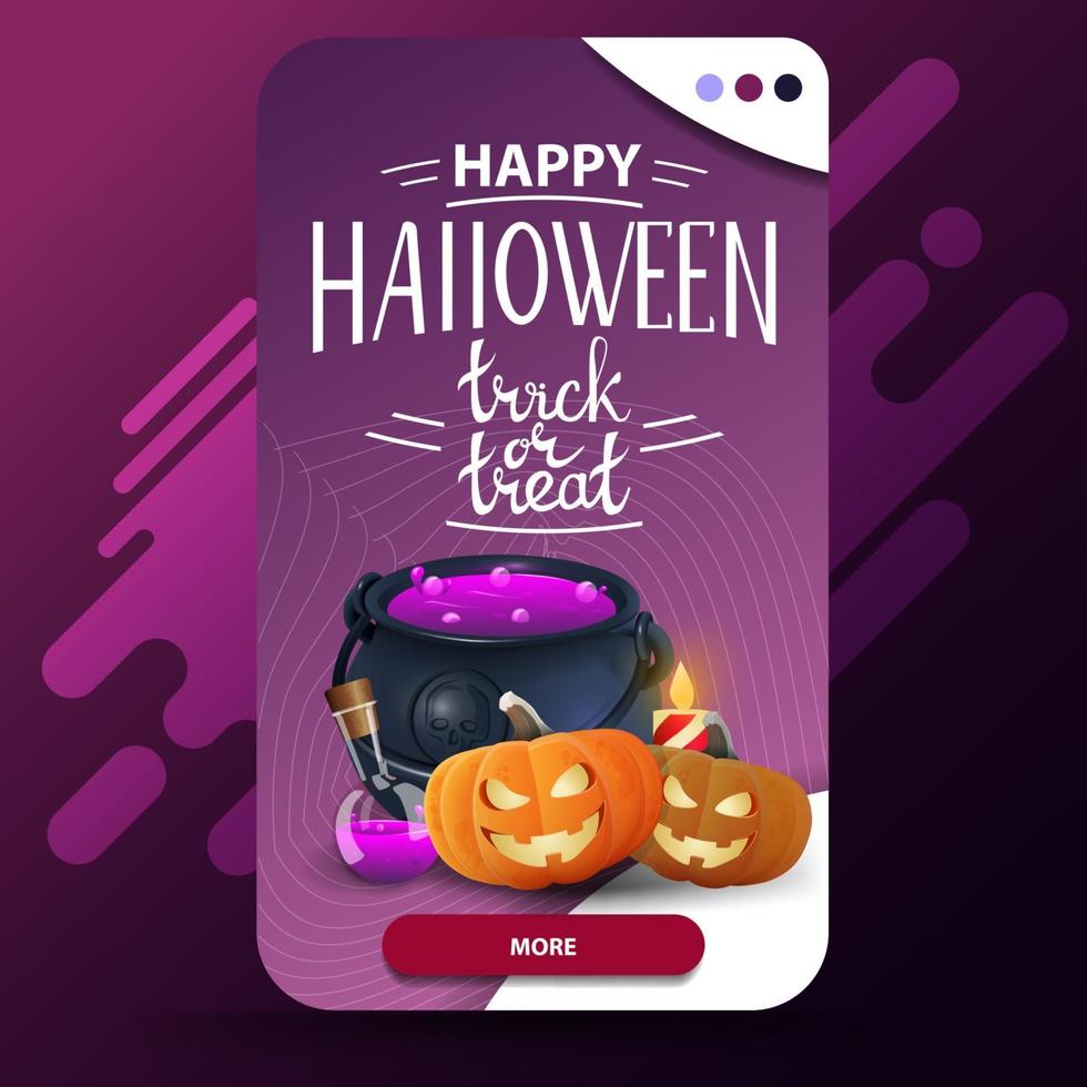 Happy Halloween, trick or treat, vertical modern greeting postcard with witch's pot and pumpkin Jack vector