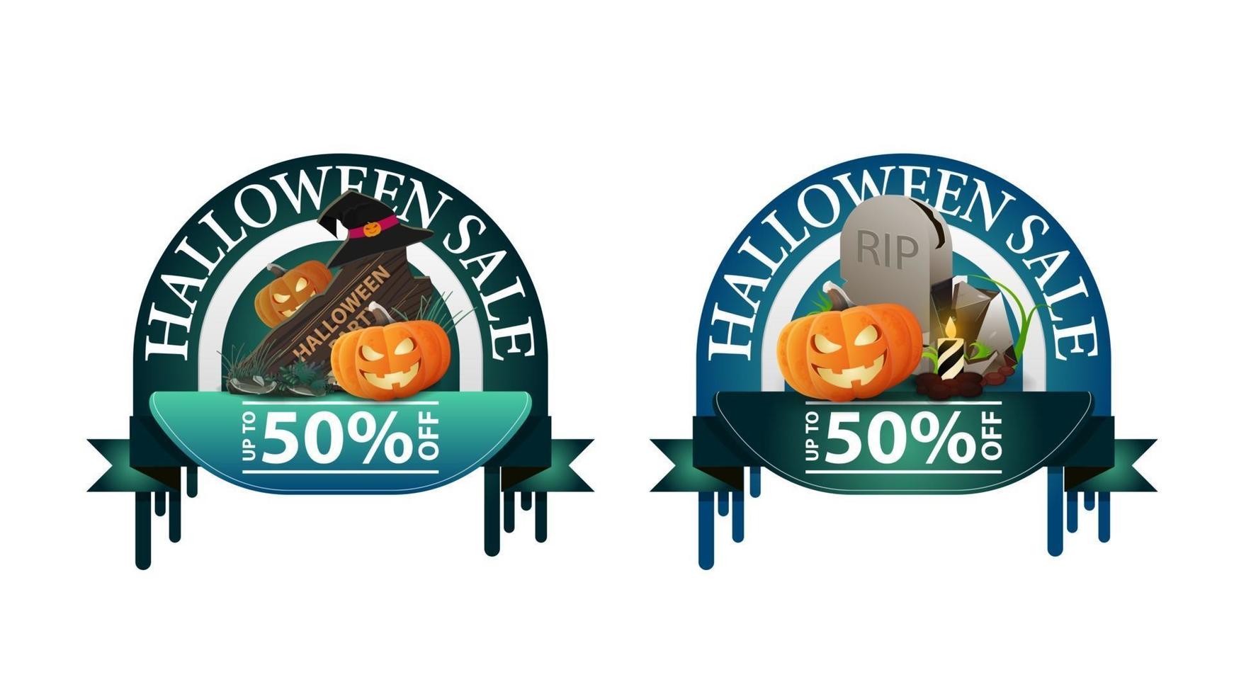 venta de halloween, -50 de descuento, dos pancartas redondas de descuento con lápida y calabaza vector