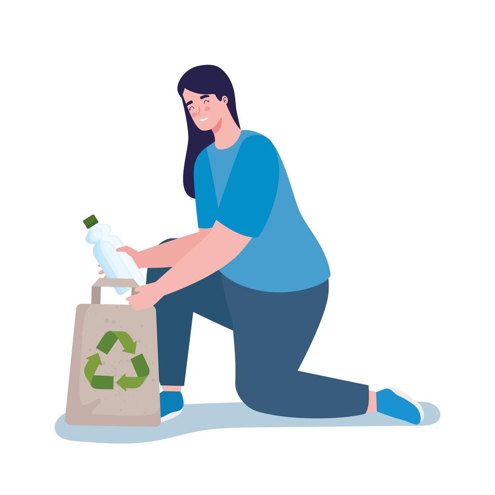 mujer con bolsa de reciclaje vector