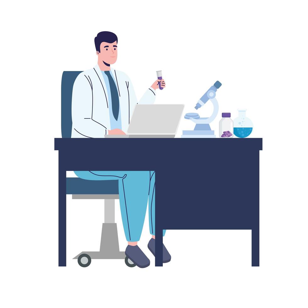laboratory man with laptop vector
