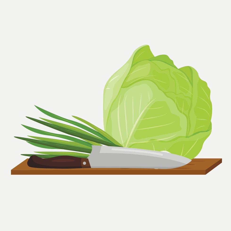 Vector illustration of cabbage and green onions. Vegetables lie on a cutting board with a knife. Vegetarianism.