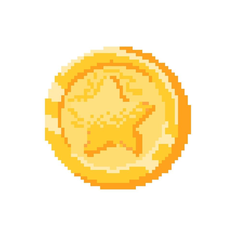 Moneda de oro con icono de estrella en la ilustración de vector de estilo pixel