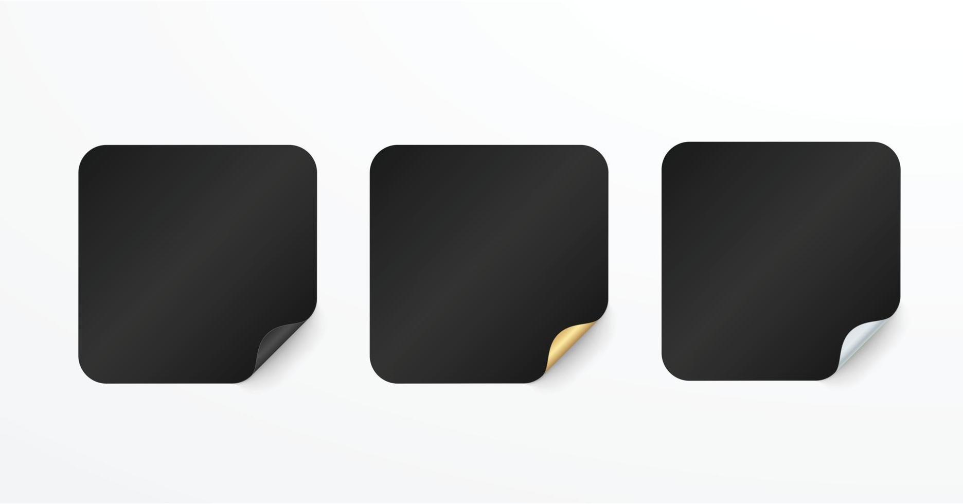 Realistic set black and gold stickers or patches mockup. Blank labels of different shapes square. 3d vector