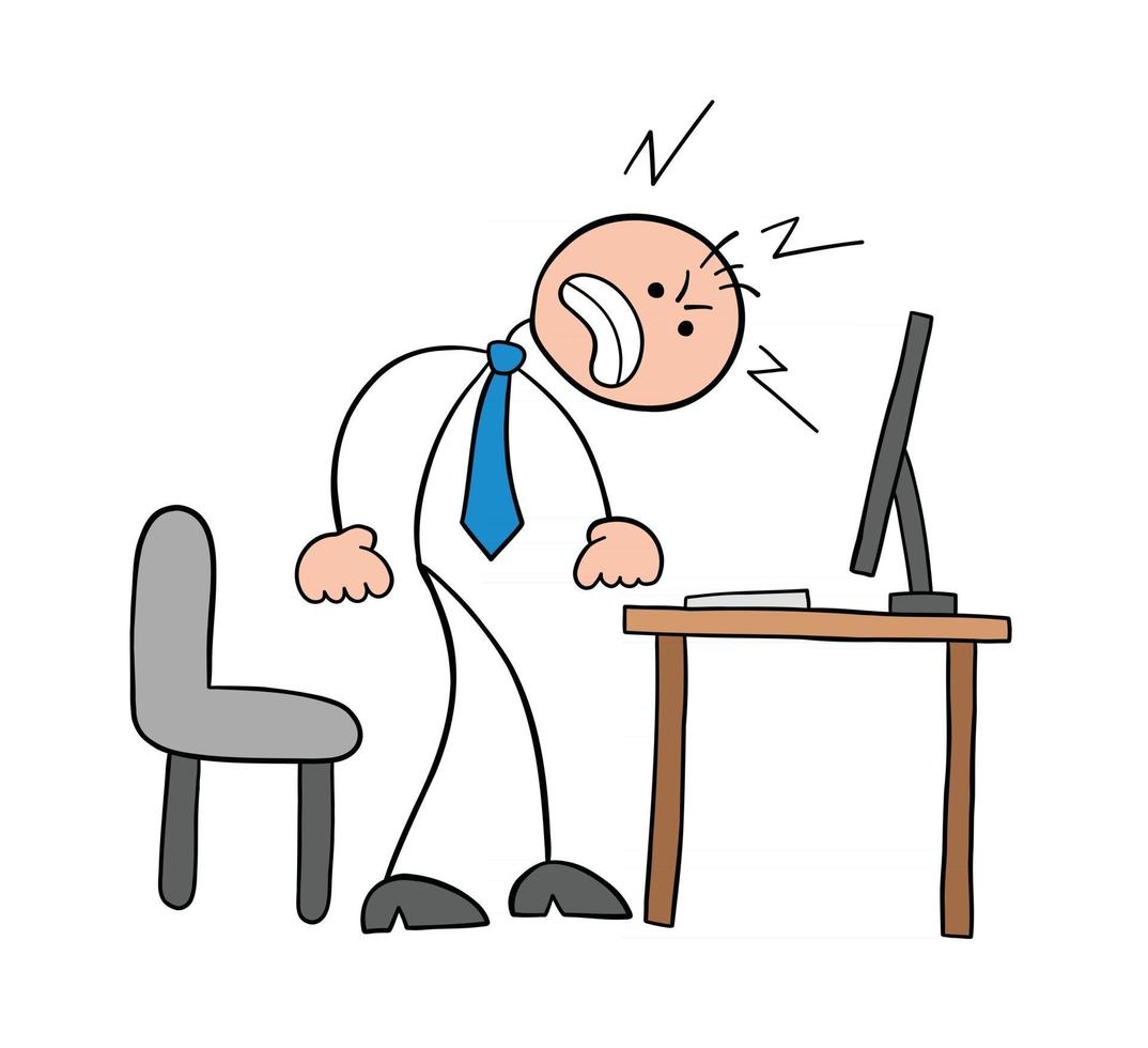 Stickman Businessman Character Getting Angry at the Computer Vector Cartoon Illustration