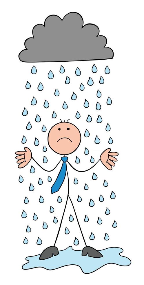 It's Raining Stickman Businessman Character Getting Wet and Unhappy Vector Cartoon Illustration
