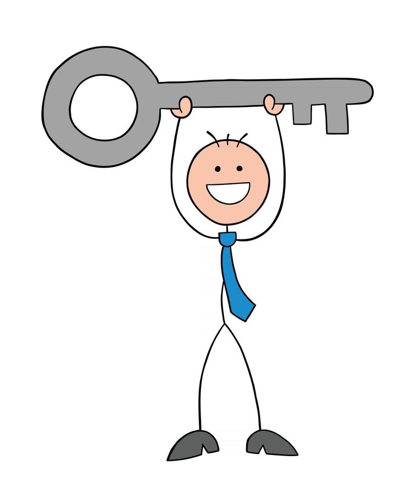 Stickman Businessman Character Happy and Raising Big Key Vector Cartoon Illustration