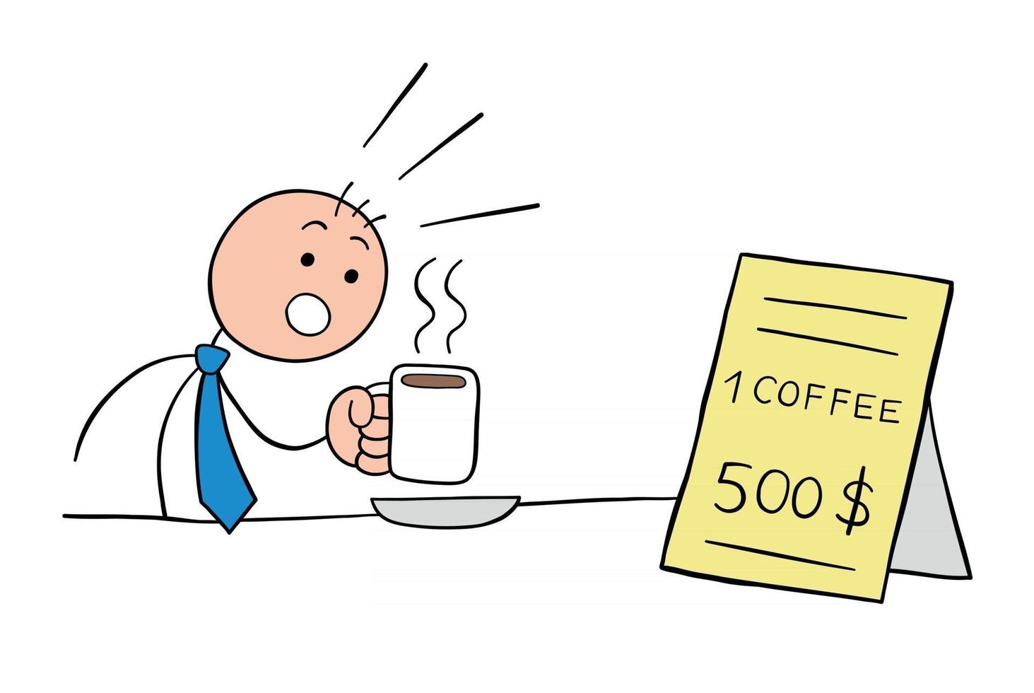 Stickman Businessman Character Drinks Coffee and is Shocked to See the Expensive Price of the Coffee Vector Cartoon Illustration