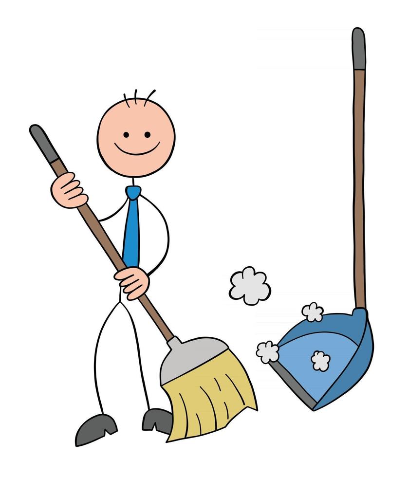 Stickman Businessman Character with Broom and Dustpan Sweeping the Floor Vector Cartoon Illustration