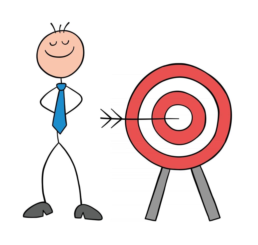 Stickman Businessman Character Hits the Target of Bulls Eye and Proud Vector Cartoon Illustration