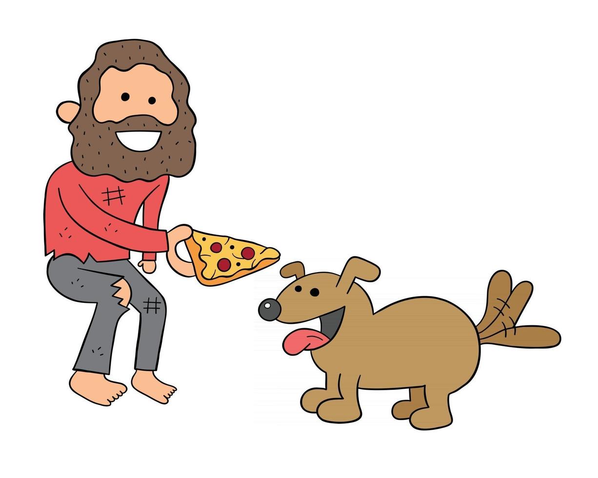 Cartoon Homeless Man Sharing Pizza Slice with Dog Vector Illustration