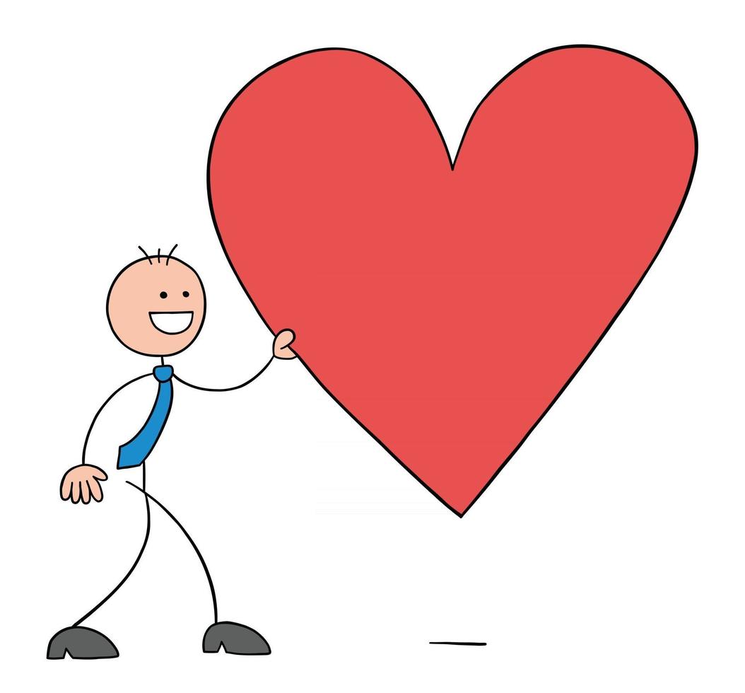 Stickman Businessman Character Walking and Holding Big Heart Symbol Vector Cartoon Illustration