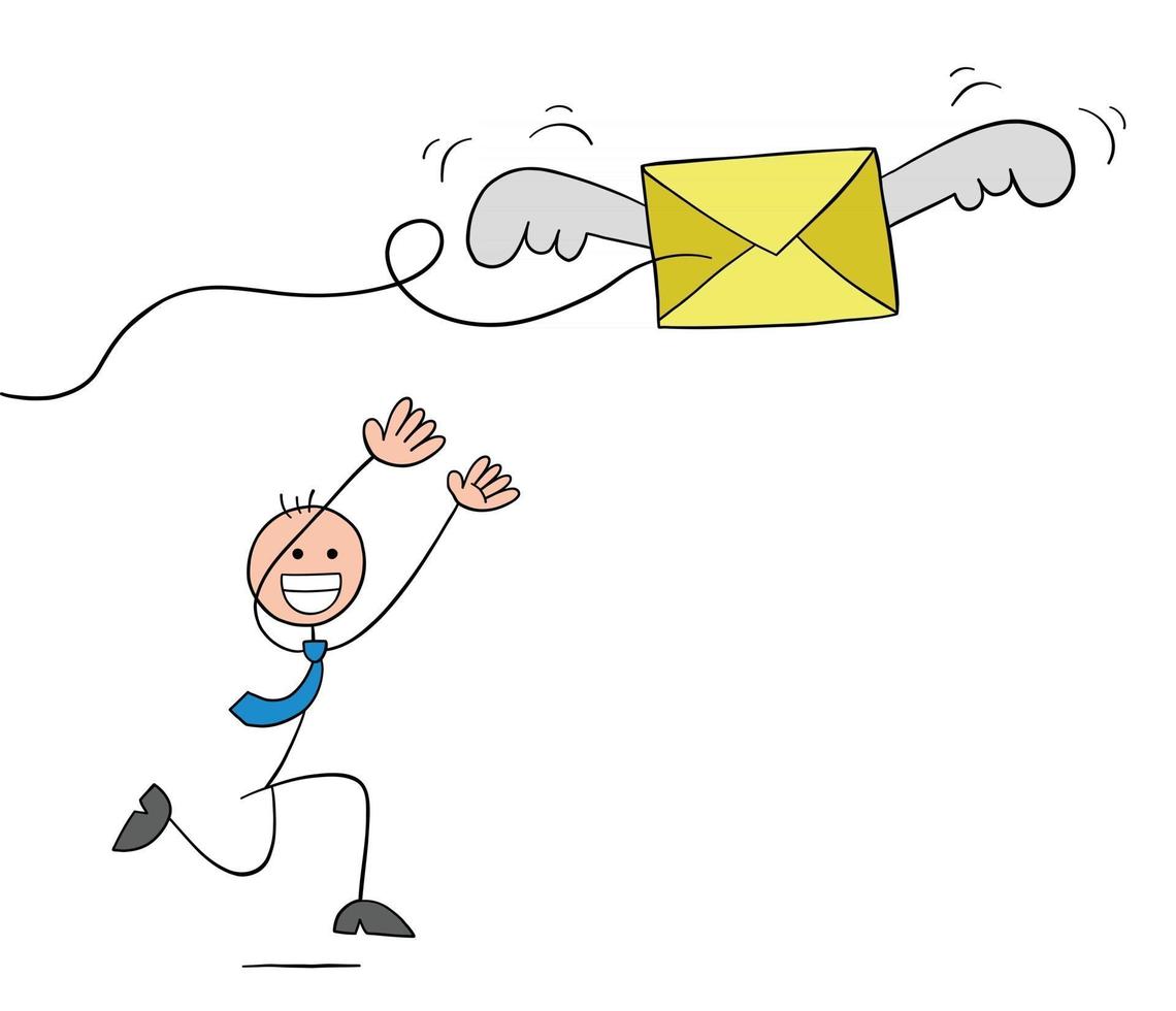 Stickman Businessman Character Trying to Catch the Flying Envelope Vector Cartoon Illustration