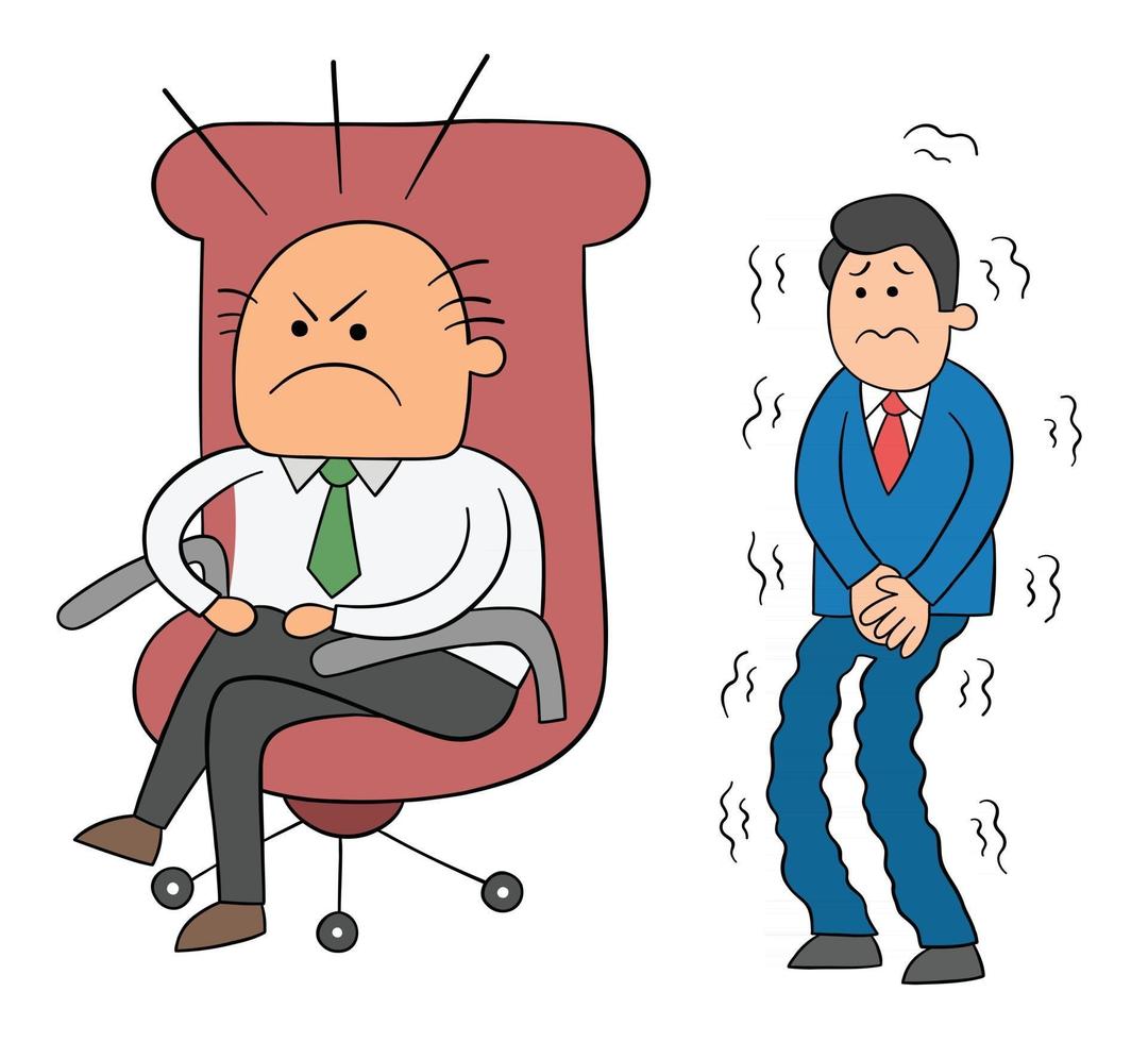 Cartoon Angry Boss Man Sitting in His Chair and Scared Worker Waiting Behind Him Vector Illustration