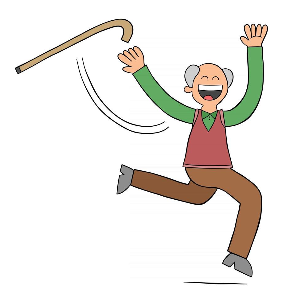 Cartoon Old Man Throws the Cane and Starts Running Vector Illustration