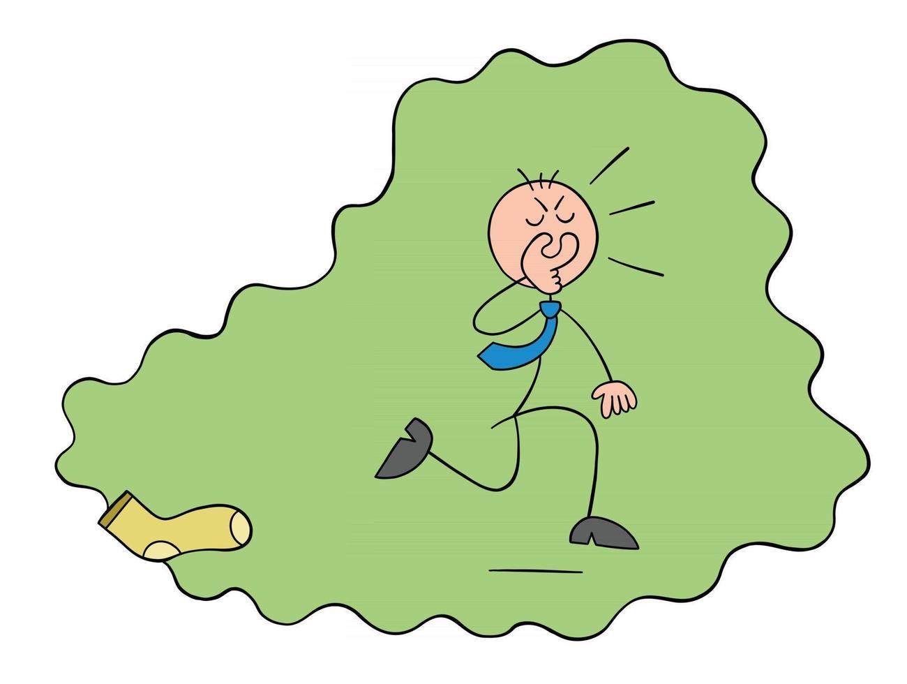 Stickman Businessman Character Covers His Nose from the Nasty Smell of Socks and Runs Away Vector Cartoon Illustration