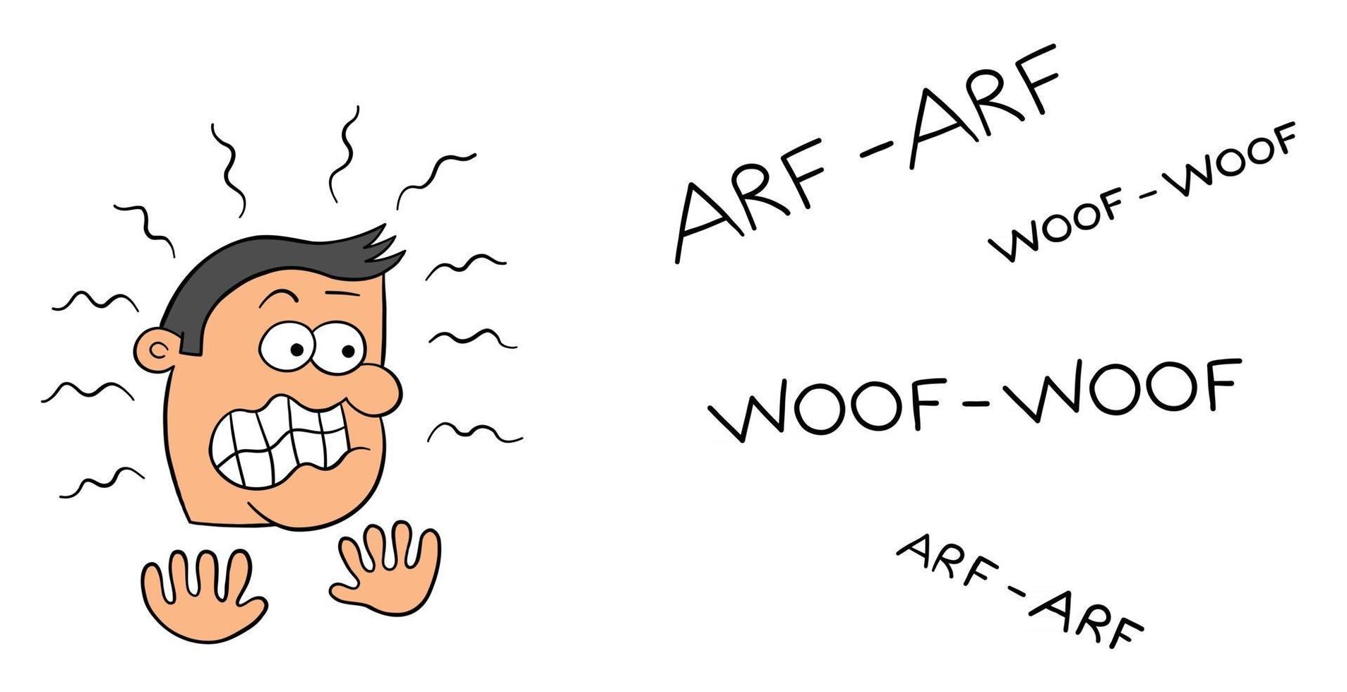 Cartoon Man Very Afraid of Dog Barking Vector Illustration