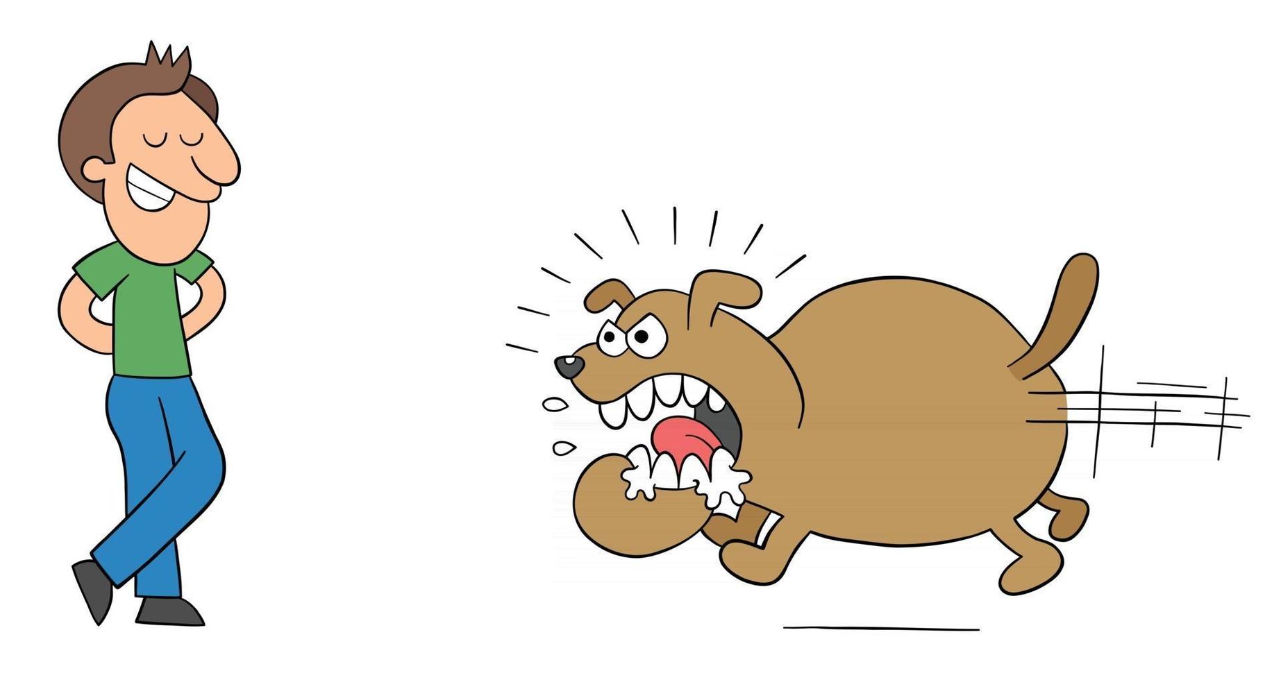 Cartoon Angry and Huge Dog Runs to Bite the Man But the Man is Not Afraid Vector Illustration