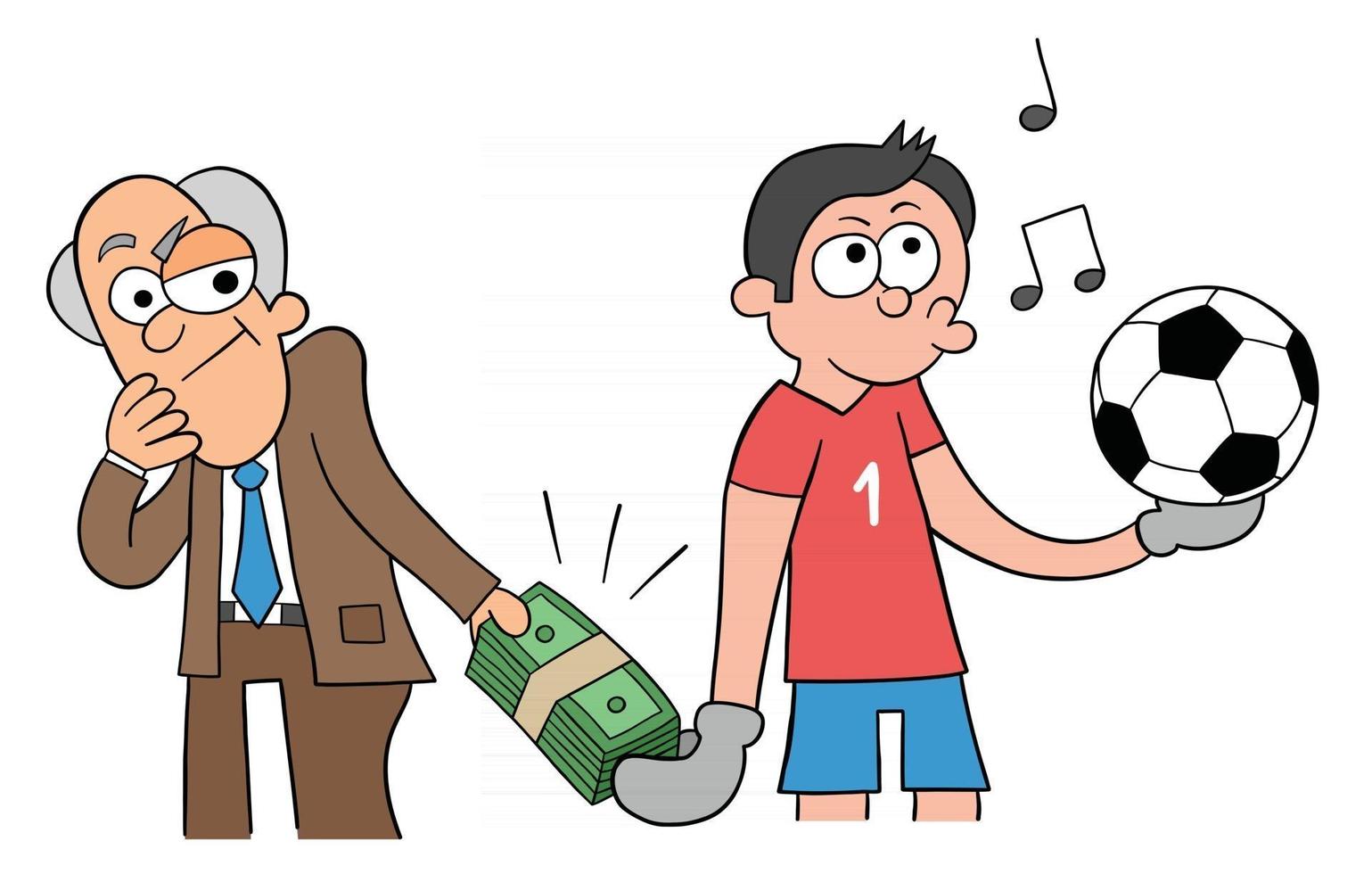Cartoon Man Offers to Bribe the Goalkeeper to Score a Goal Vector Illustration