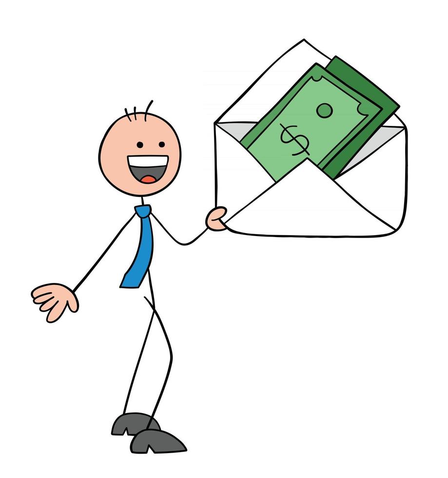 Stickman empresario personaje sosteniendo un sobre y hay dinero en él ilustración de dibujos animados de vector