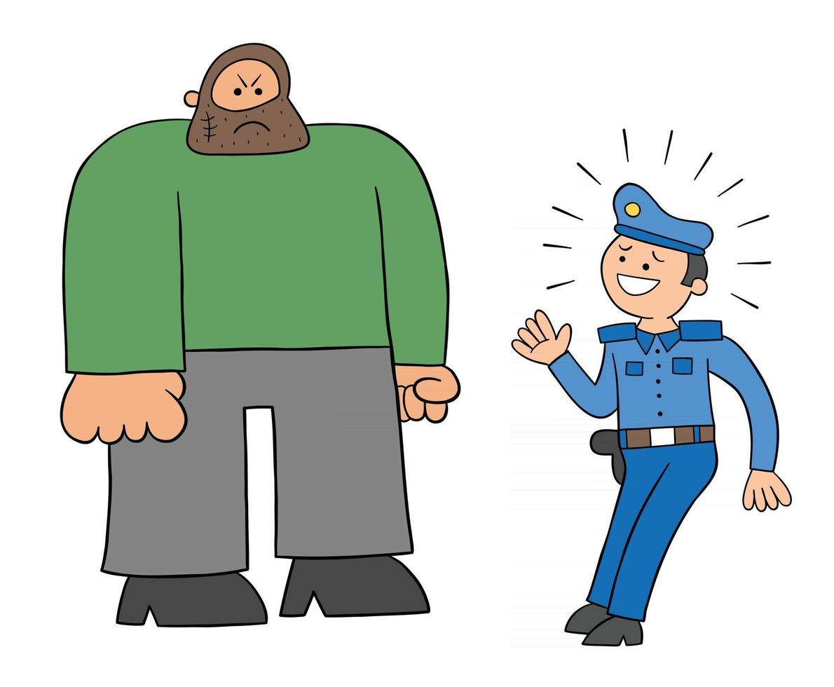 Cartoon Police Man Afraid of the Big Man Vector Illustration