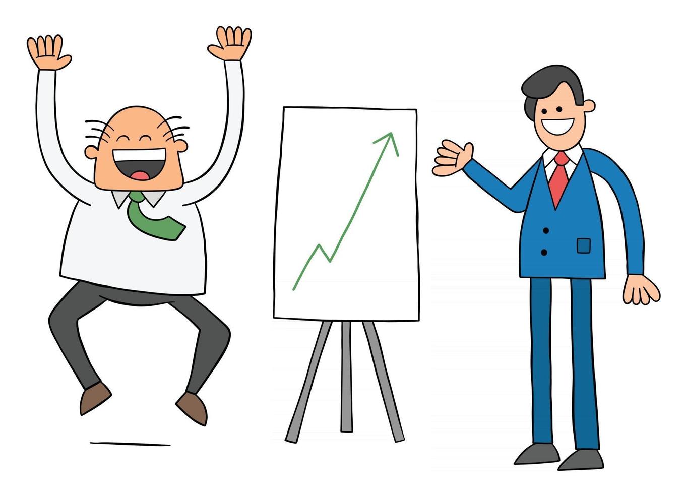 Cartoon Worker Man Shows the Boss the Sales Chart and the Boss is Very Happy That the Sales Are High Vector Illustration